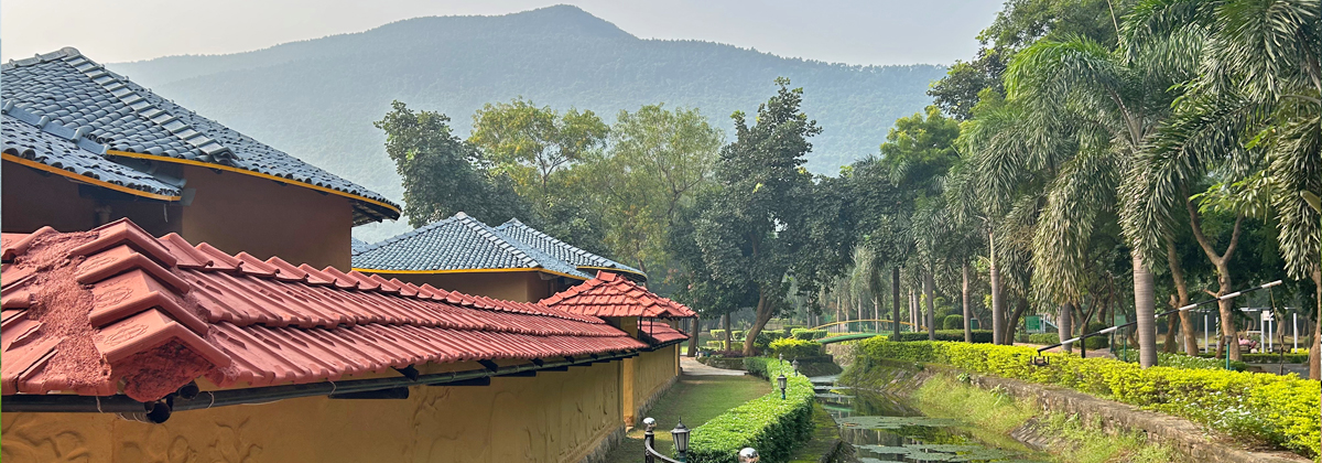 An early morning view of Village Telkupi with mud huts and hay roofs